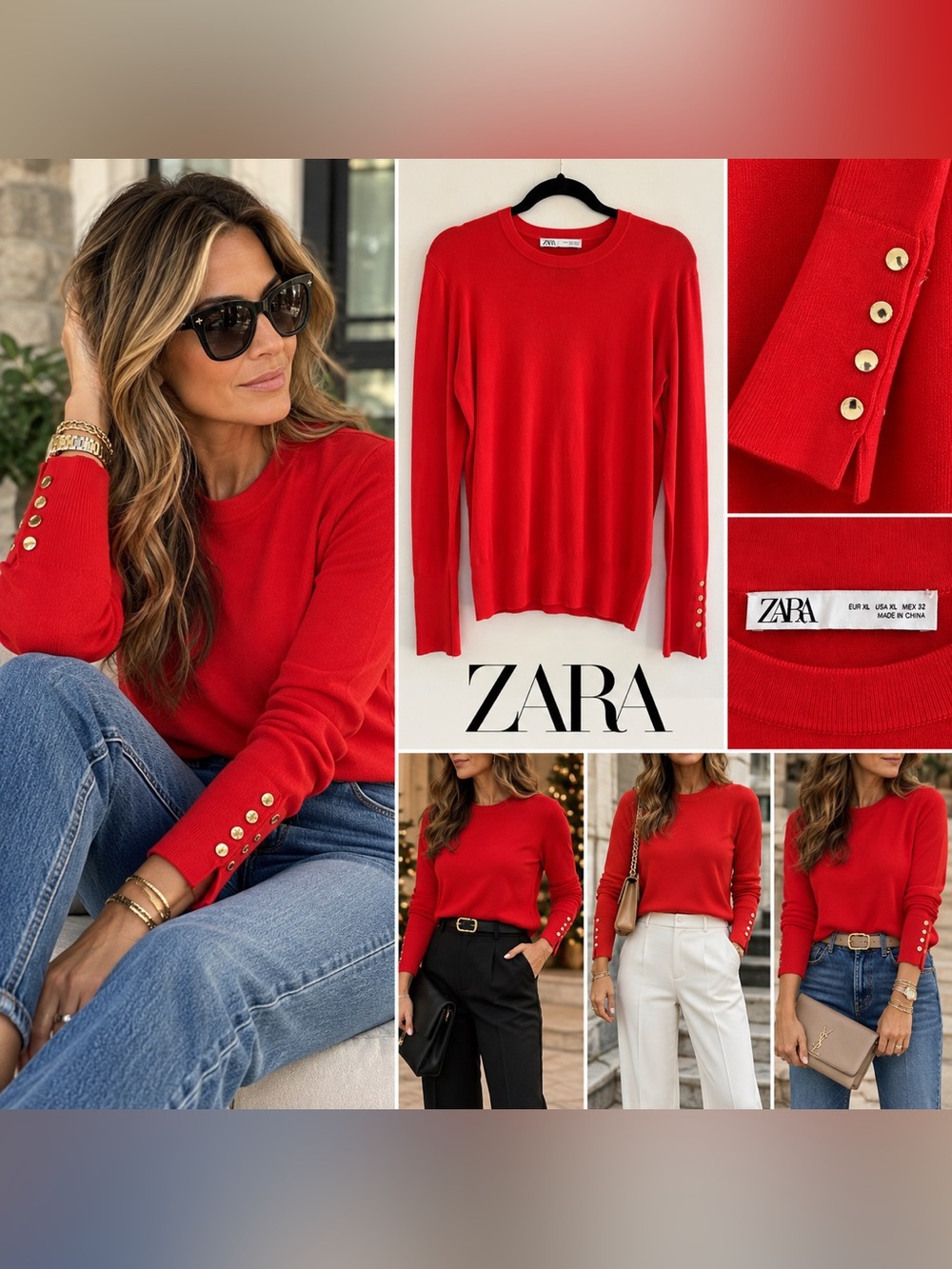 ZARA Red Crewneck Sweater with Gold Button Sleeve Detail XL